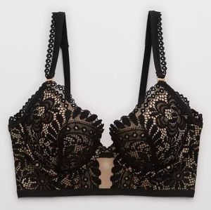NWT AERIE Real Power Plunge Push Up Far Out Lace Bra color Black 34DD